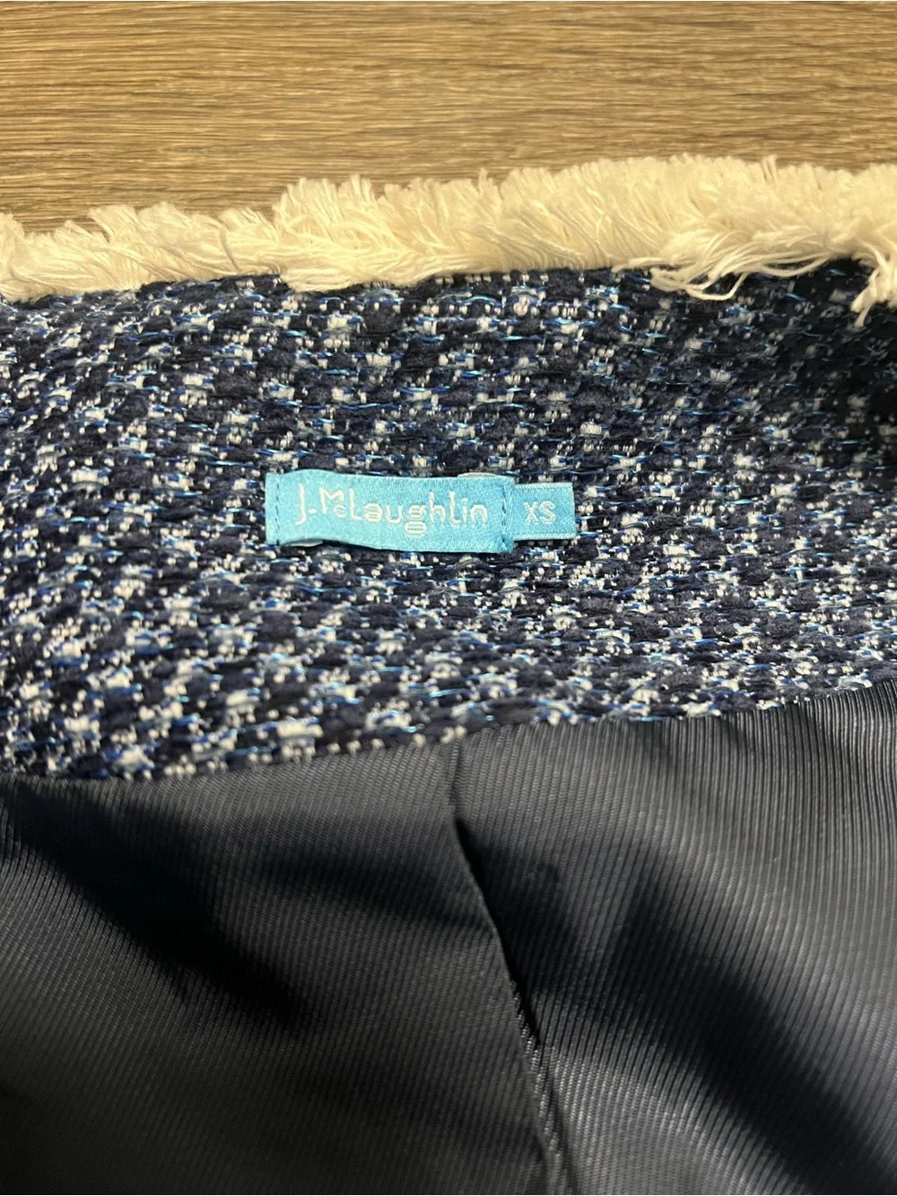 J. McLaughlin Tweed Fringe Trim Jacket Size XS Blue White Mid Length